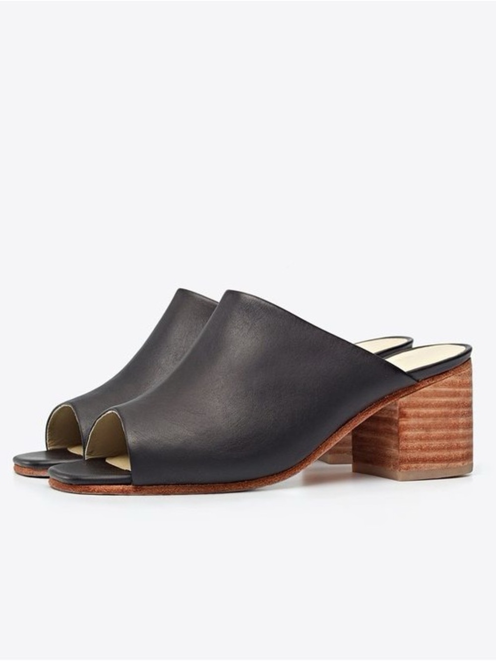 NIB Nisolo Paloma Mules Black Leather Open Toe Stacked Heels Ethically Made 9.5
